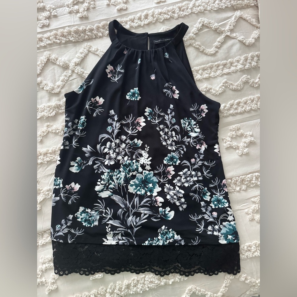 WHBM Floral Halter Neck Top - Black and Teal